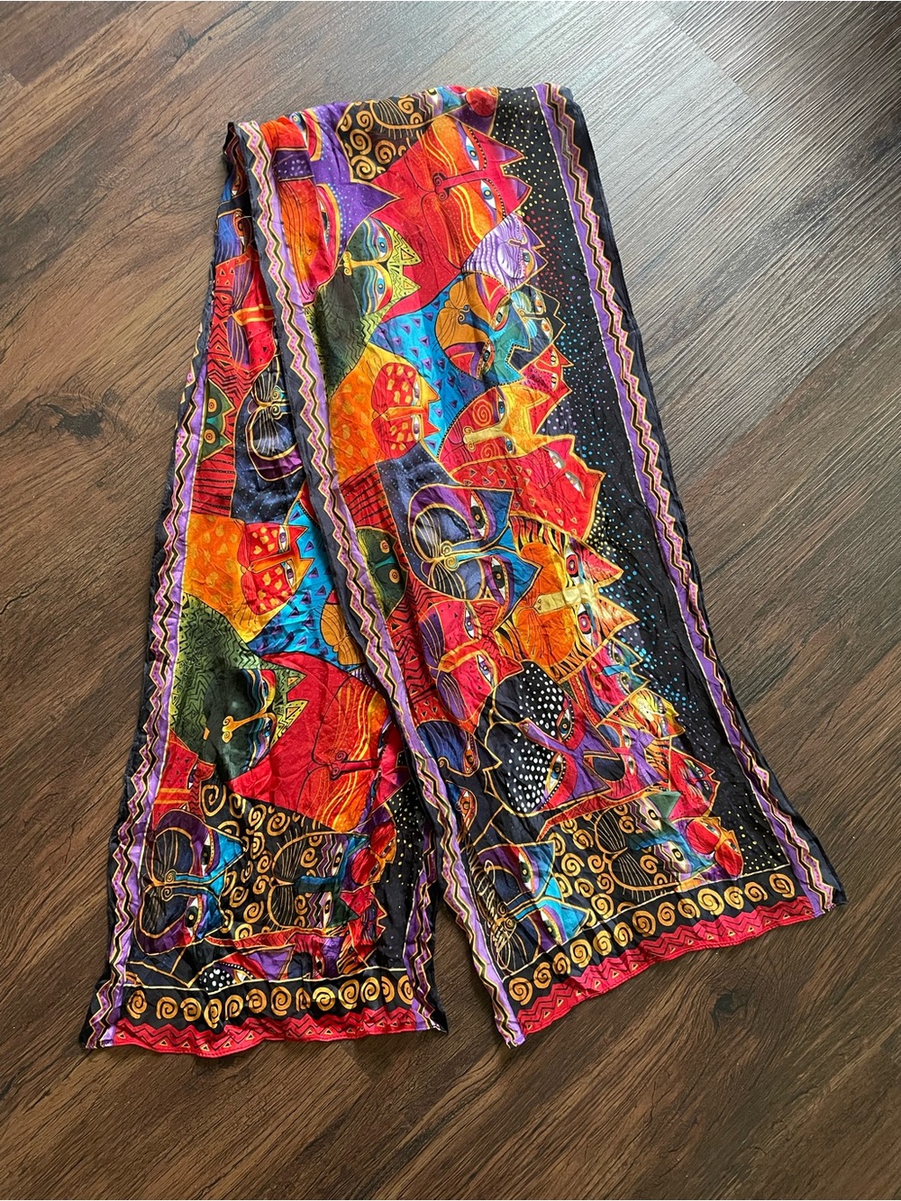 VTG Laurel Burch 100% Silk Rectangular Scarf Cats Kitty Whimsical Art 52x9.5”